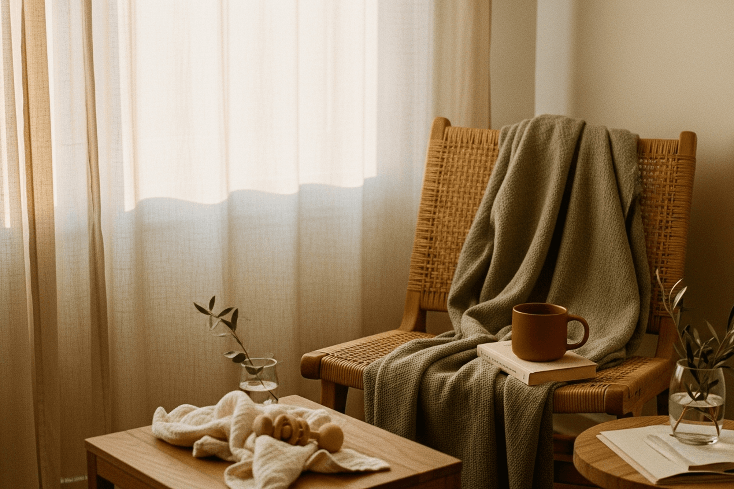 A quiet sunlit corner of a home — sage throw, terracotta mug, late-afternoon light.