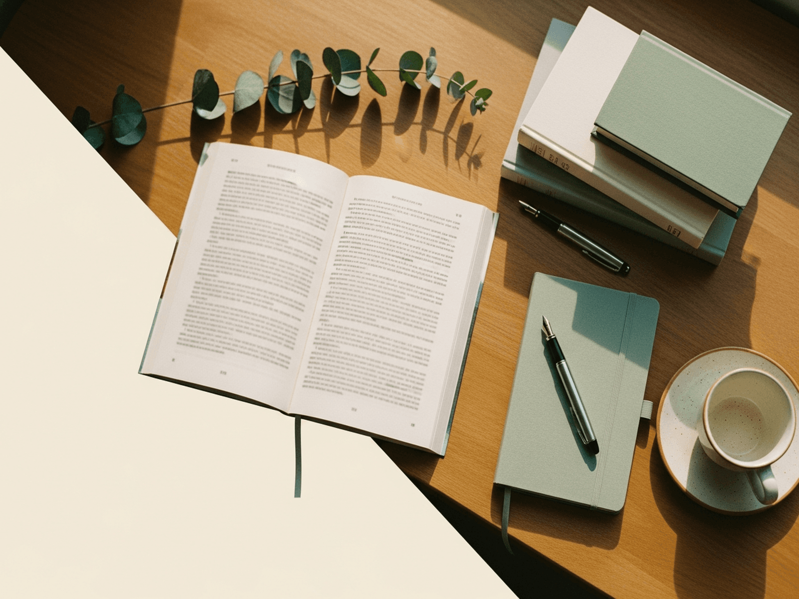 A wood writing surface in north-window light — books, a notebook, a tea cup.
