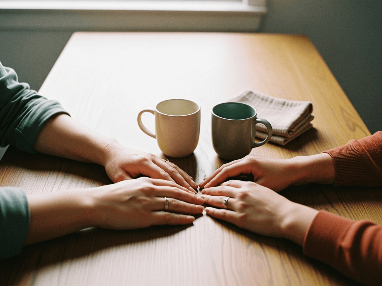 Two pairs of hands resting near each other on a warm wood table — calm, equal, undemonstrative.